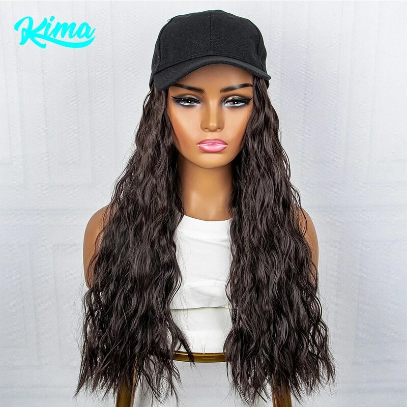 Natural Water Wave Wavy Hair Wig With Baseball Cap Synthetic Hair Extension Cap With Hair Wig For Women KIMA 22 Inch Brown Color