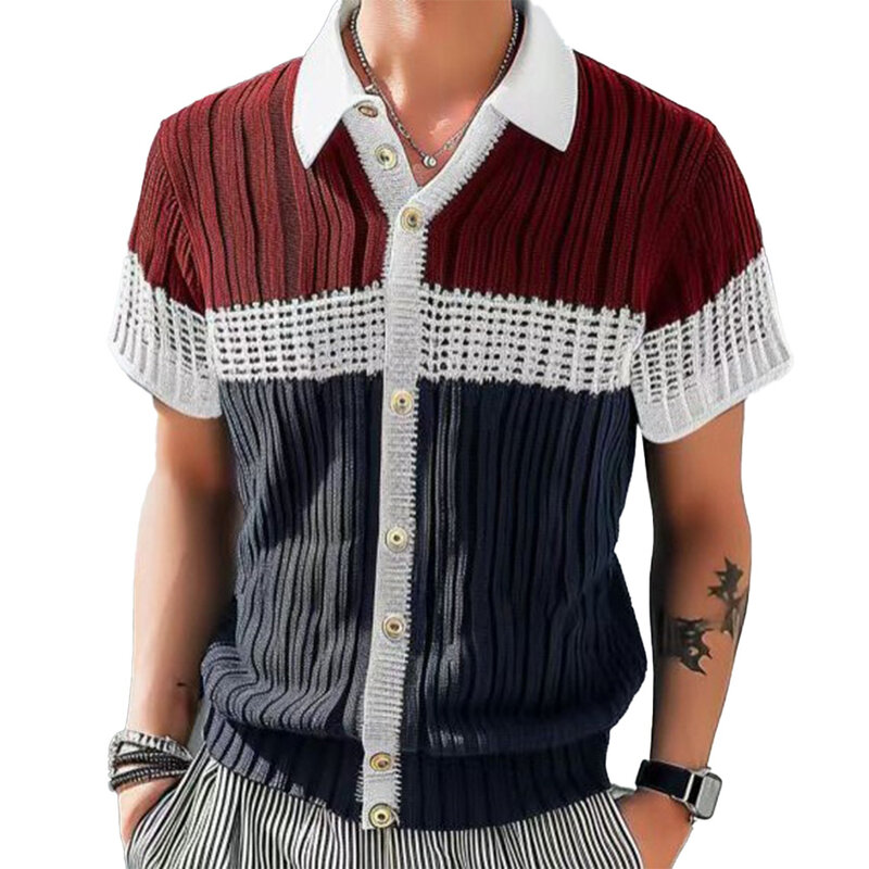Haut en tricot de coton à revers pour hommes, chemise régulière masculine, bouton à manches courtes, bloc tournant décontracté, abordable, tout neuf
