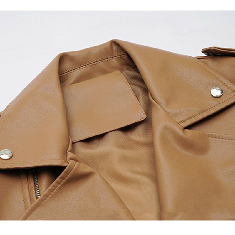 UHYTGF PU giacca in pelle donna manica lunga risvolto giacche femminili allentate 2023 autunno inverno Street Fashion Moto Biker Lady Coat 435
