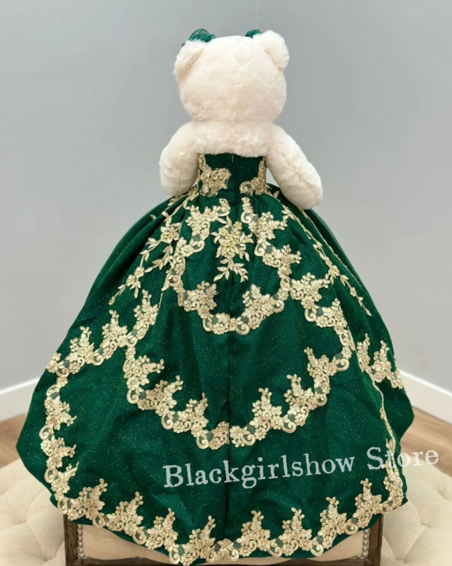 Emerald Green Quinceanera Teddy Bear Dress 2024 Luxurious Sheath Gold Applique Mini Quinceanera Dress