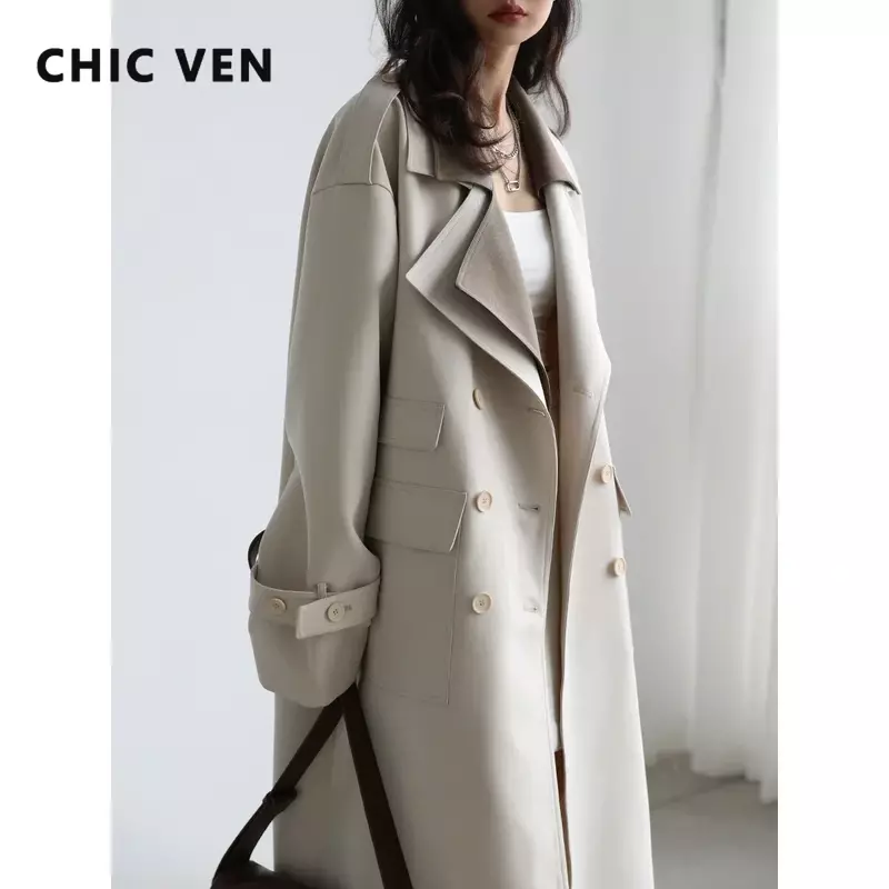 CHIC VEN Women Trench Coat Solid Loose Contrast Double Collar Double Breasted Long Women's Windbreaker Office Lady Spring Autumn