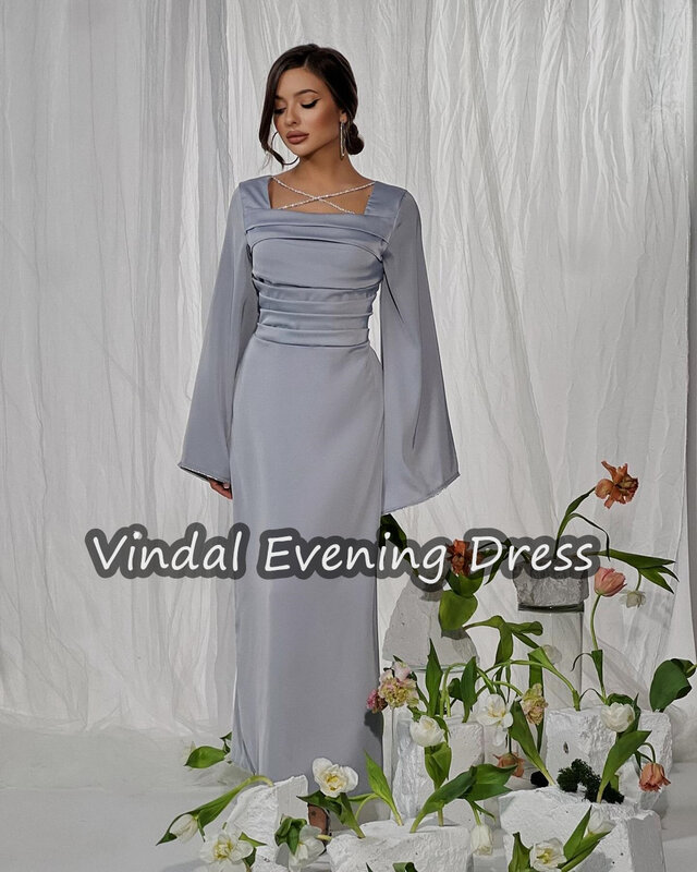 Vindal  Square Neckline  Evening Dress A-Line Satin Ankle-Length Elegant Built-in Bra Saudi Arabia Long Sleeves For Woman 2024