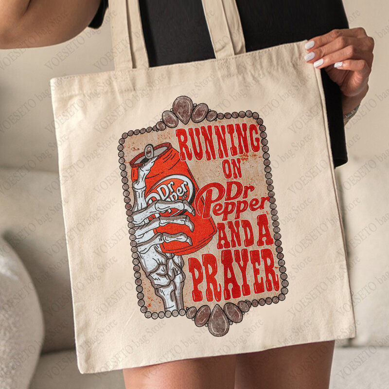Bolso de mano con patrón de pimienta y oración para mujer, bolso de hombro de lona con esqueleto, bolso de compras reutilizable