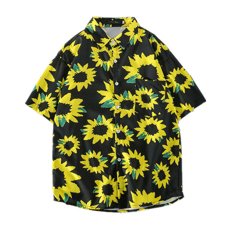Camisa de manga corta con estampado de margaritas para hombre, Trendyol camisa negra, camisas hawaianas de gran tamaño para playa, camisa holgada Floral Hemd, novedad de verano