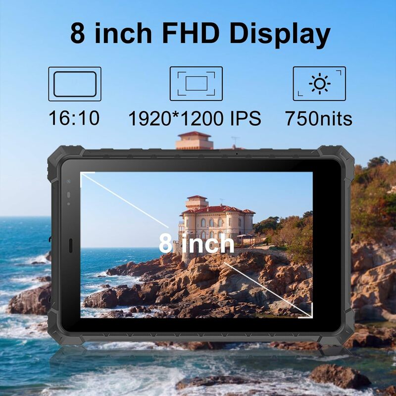 Rugged Tablet,8 inch Android 10 Industrial Outdoor Tablet,8GB+128GB,10000mAh Battery,750nit,1920x1200IPS,IP68 Waterproof Tablet