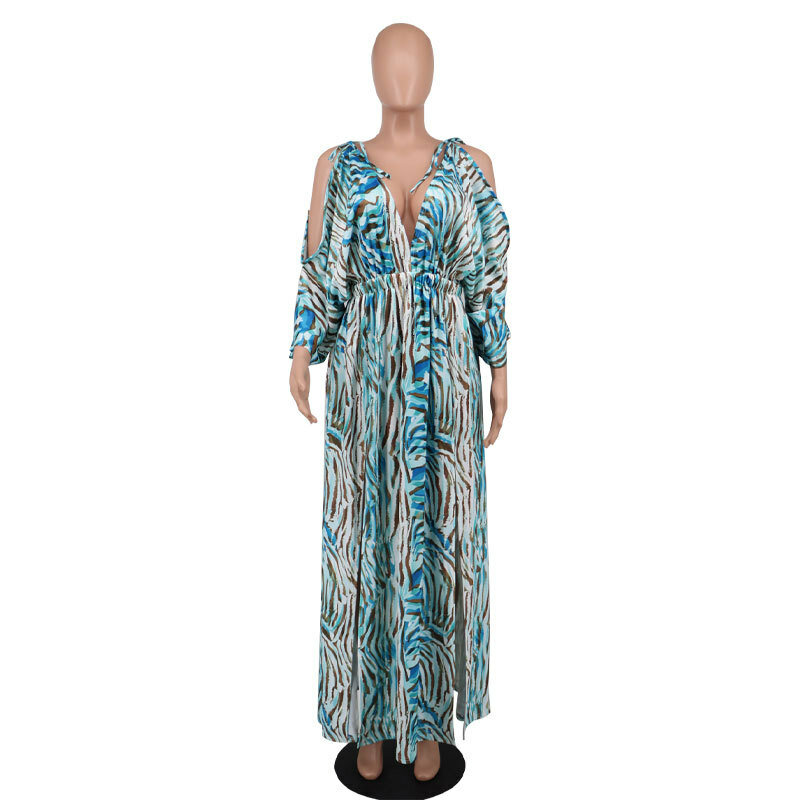 2022  African Print Dresses Summer Fashion Style African Women V-neck Polyester Long Dress African Dresses for Women