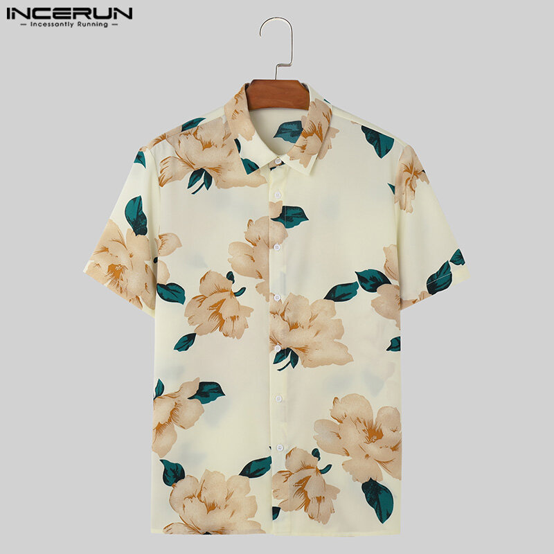 Гавайская рубашка INCERUN мужская с принтом, повседневная одежда с отложным воротником и короткими рукавами, уличная одежда для отдыха, лето 2024