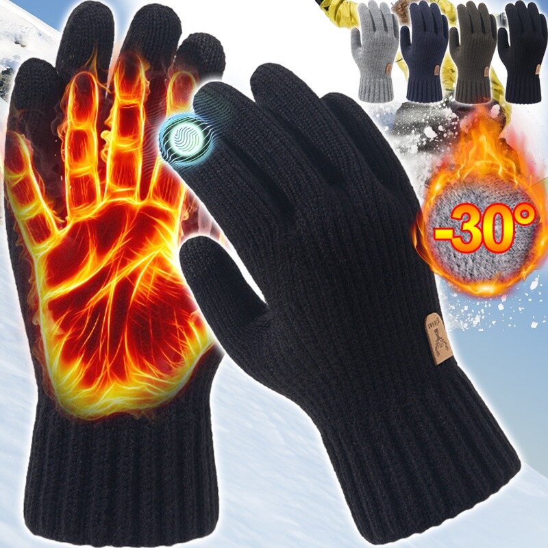 Зимние теплые перчатки для женщин и мужчин, флисовые шерстяные вязаные перчатки для сенсорного экрана, ветрозащитные зимние варежки для бега, лыжного спорта
