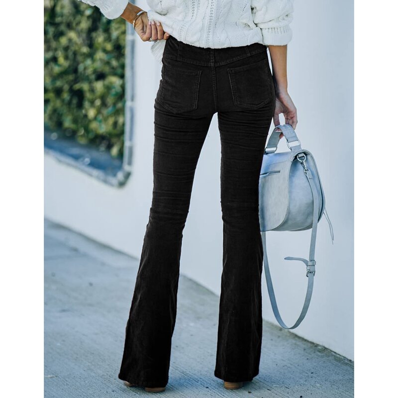 Celana duroi pinggang tinggi wanita, celana panjang kasual korduroi dengan saku, celana panjang ramping bagian bawah dengan saku warna hitam untuk wanita