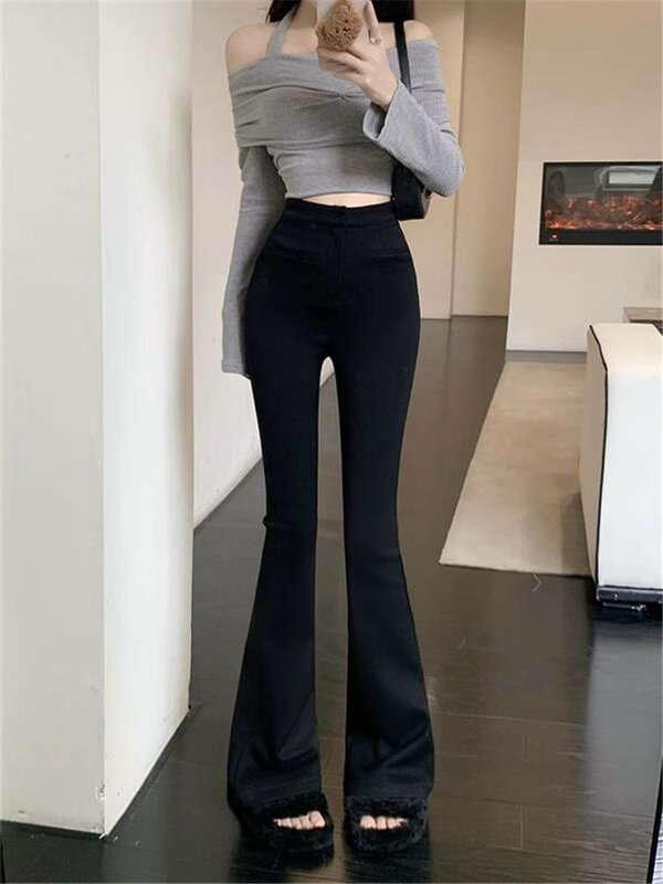 Black Micro Flared Casual Pants For Women 2024 Autumn And Winter High Waisted Straight Leg Pants Slim Fit Elastic Pants