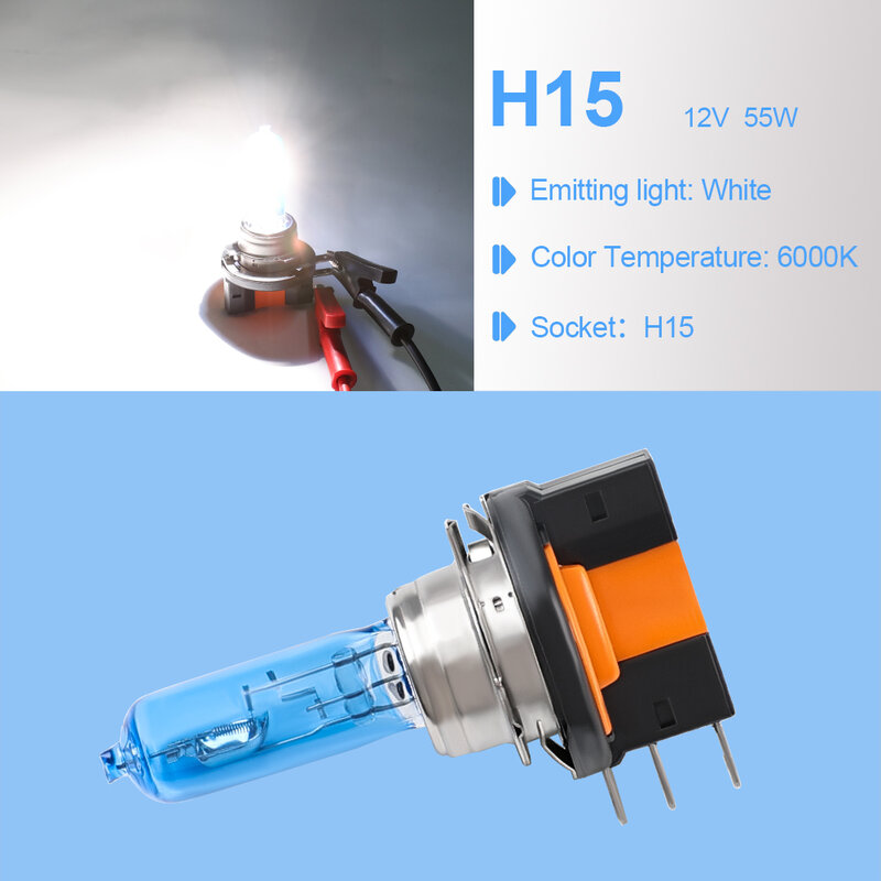 2 pezzi H15 12V 55W lampada alogena per fari per auto lampadine per sorgente luminosa per auto Super White 5500-6000K lampada frontale lampada di ricambio