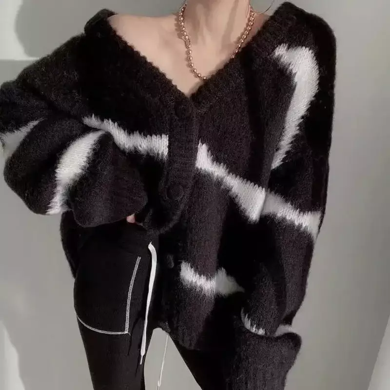 Cardigan en laine tricoté rayé pour femmes, grande veste à col en v coréenne à manches longues, nouvelle collection automne 2022