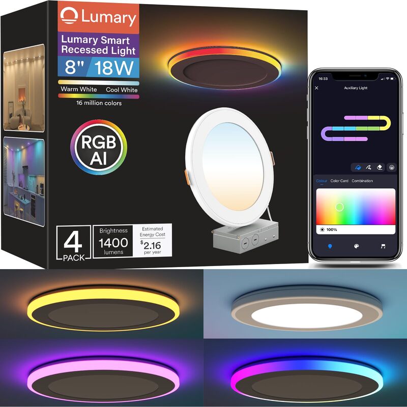Lumary-Smart Recessed Lighting with Gradient Accent Light, 8 ", 18W, 1400lm, Wi-Fi, LED  Lights, Smar