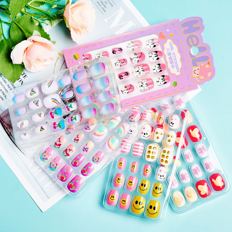 24 Pieces Kids Press on Nails for Girls Fake Nails Emboss Tips Pre Glue Short Stick on Nails for Kids Nails Decoration