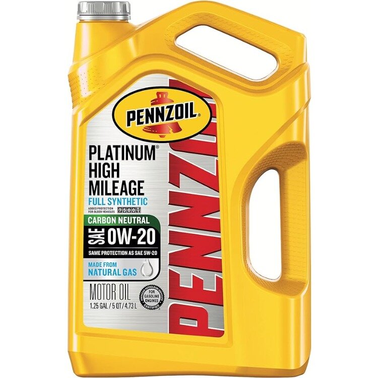 Pennzoil-Platinum High Mileage Motor Oil, sintético completo 0W-20 para veículos, mais de 75K Miles, 5-Quart, simples