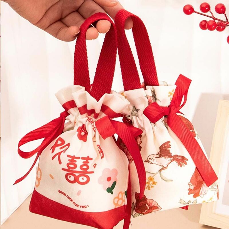 Tas kanvas motif bunga, tas kanvas tali serut gaya Korea, kapasitas besar, tas pergelangan tangan kecil, tas penyimpanan, tas kemasan perhiasan, tas tangan pita kupu-kupu