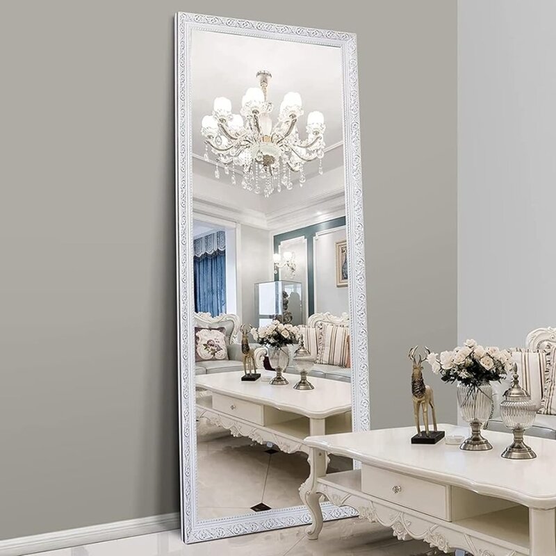 Cermin dinding berdiri atau bersandar di atas dinding, cermin seluruh tubuh panjang badan, cermin Vintage berukir untuk kamar tidur