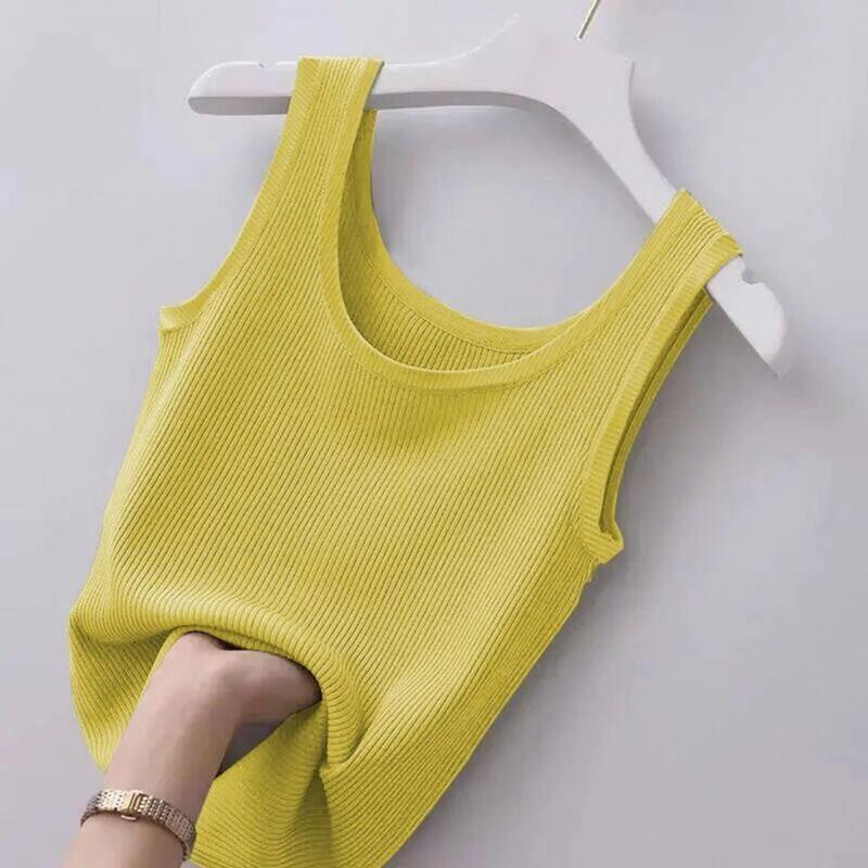 Women Ice Silk Vest Summer Tank Tops for Women O-neck Slim Fit Ribbed Vest Ice Silk Fabric Solid Color Pullover Streetwear
