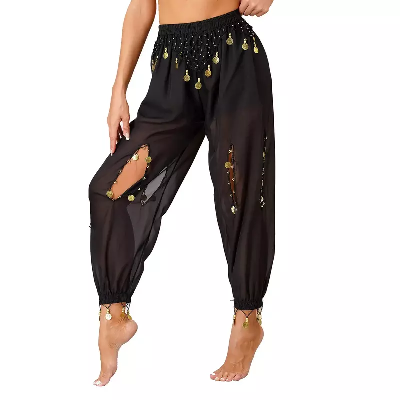 Womens Hollow Out Beads Coins Pendant Belly Dance Pants Semi See-Though Chiffon Bloomers Stage Performance Trousers