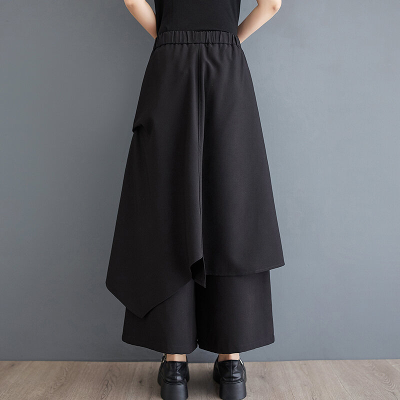 Japanese Yamamoto Style Dark Black High Waist Loose Summer Wide leg pants Culotte Irregular Street Fashion Women Casual Pants
