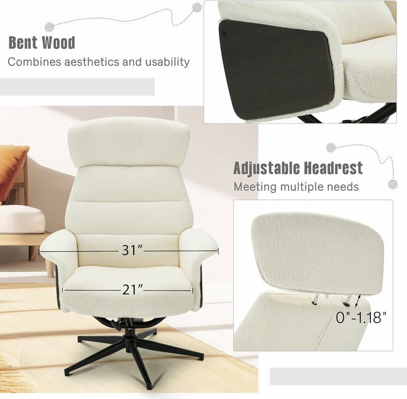 White Sherpa Accent Chair with Ottoman, Rocking Chair with Adjustable Backrest, Wingback Nursery Glider Chair