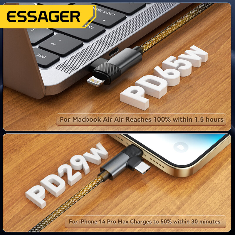 Кабель зарядный Essager 2-в-1 с прямым углом, 65/29 Вт, для iPhone 15/14/13/MacBook/Lenovo/Asus/Dell/iPad Pro