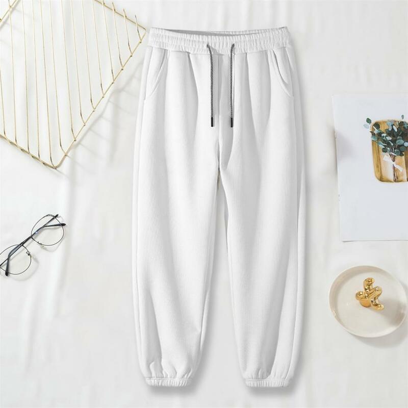Men Casual Trousers Men's Thickened Plush Winter Pants with Drawstring Elastic Waist Pockets Soft Warm Full Length for Fall