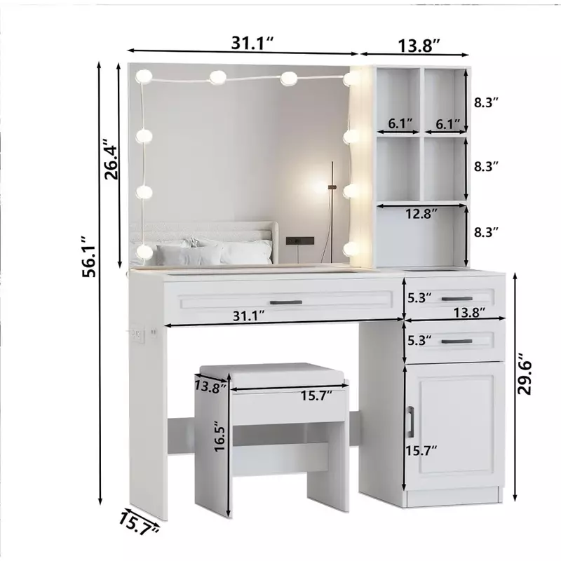 Large Vanity Table With Glass Top and Lots Storage Makeup Dressing Table for Bedroom 3 Drawer Makeup Desk With Hair Dryer Stand