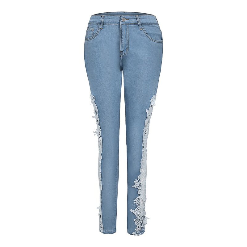 Wysoka rozciągliwość postrzępione kwiatowe aplikacje koronkowe dżinsy z wycięciami niska talia Slim dopasowane ołówkowe spodnie jeansowe