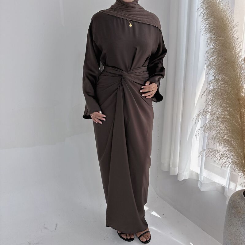 Eid 2 Pieces Under Abaya Dress with Wrap Front Skirt Set Arabic Nida Inner Long Dresses for Muslim Women Dubai Islamic Clothing