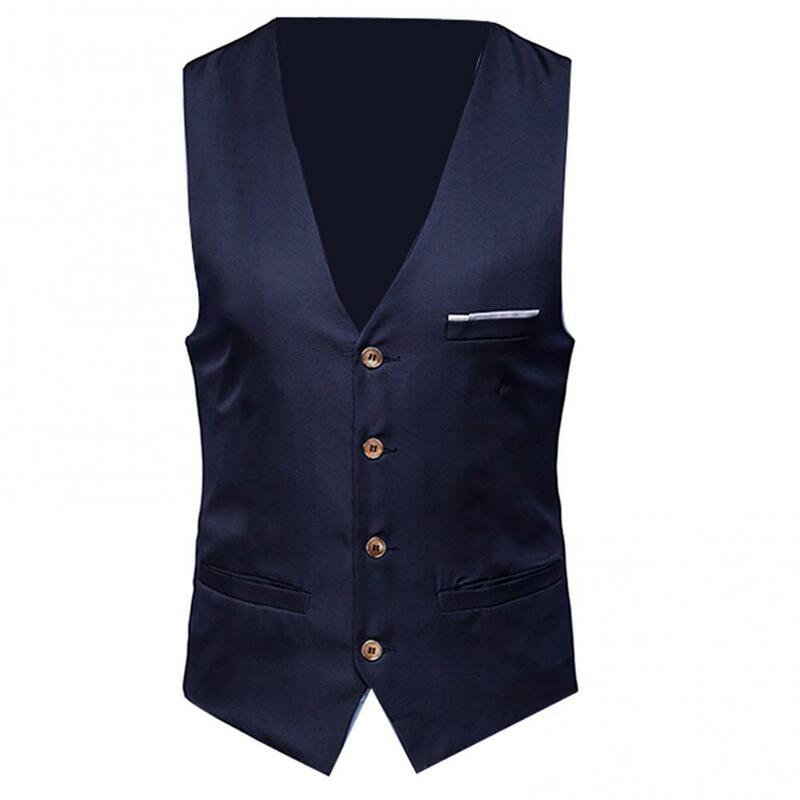Chaleco de traje de moda para hombre, chaqueta Formal de negocios, Color sólido, cuello en V, sin mangas, con botones