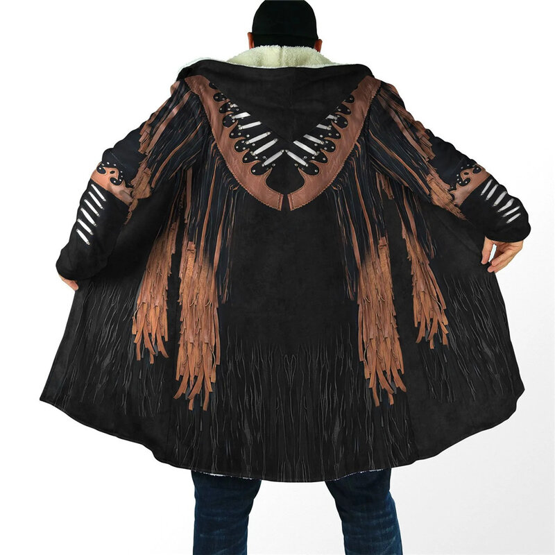 HX-capa con capucha para hombre, chaqueta gruesa y cálida con estampado 3D de borlas, patrón Tribal Retro, a prueba de viento, de lana, para invierno