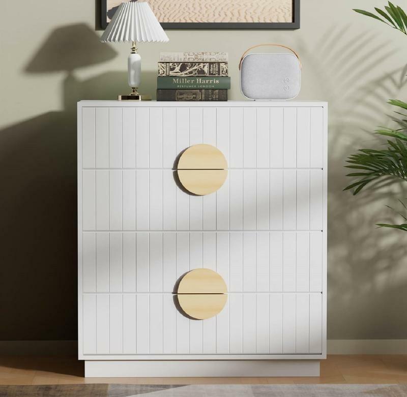 Weiße Kommode mit 4 Schubladen 31.5 "l x 15.75" w x 35.04 "h, moderner Kleider organisator aus Holz mit gestreifter strukturierter Platte