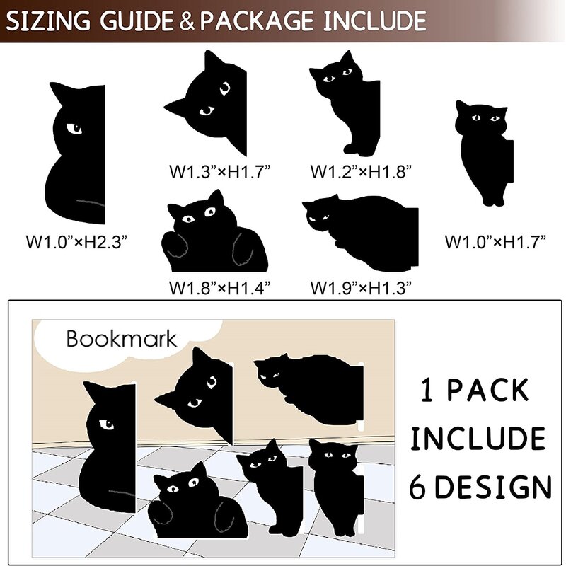 Black Cat Bookmark para livros, Cute Cartoon Magnetic Page Clips, Marcador de livros, Presente de leitura exclusivo, A7405, 6pcs