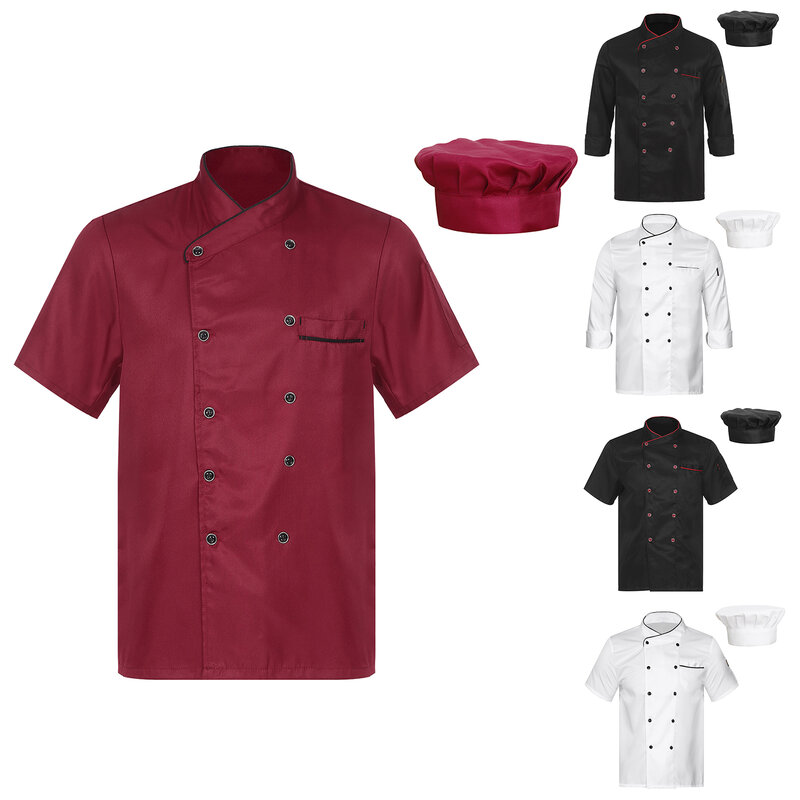 Mens Womens Unisex Chef Coat Kitchen Work Uniform Double-Breasted Cooks Jacket with Hat for Canteen Restaurant Hotel Bakeshop
