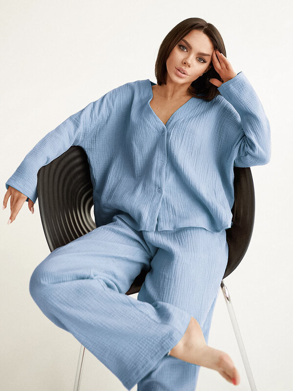 Пижама Linad из чистого хлопка цвета хаки с V-образным вырезом, однобортные Брюки с широкими штанинами, брюки, комплект из двух предметов, женская одежда для отдыха