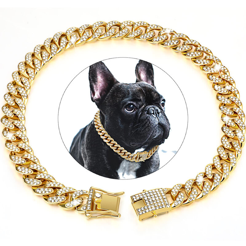 Collar cubano de diamante para perro, cadena de Metal para caminar con diseño de hebilla segura, accesorios de joyería para gato y mascota