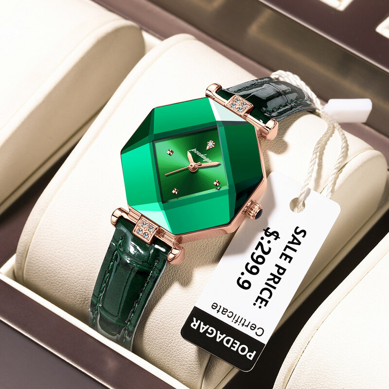 POEDAGAR-Reloj de lujo de alta calidad para mujer, pulsera de cuarzo con diamantes, resistente al agua, de cuero verde, a la moda, envío directo
