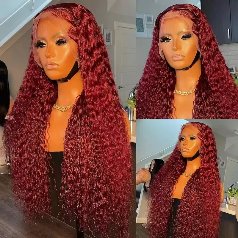 Wig renda depan 13x4 gulungan kecil anggur merah keriting rambut manusia panjang wanita penutup kepala penuh Wig Cosplay renda depan