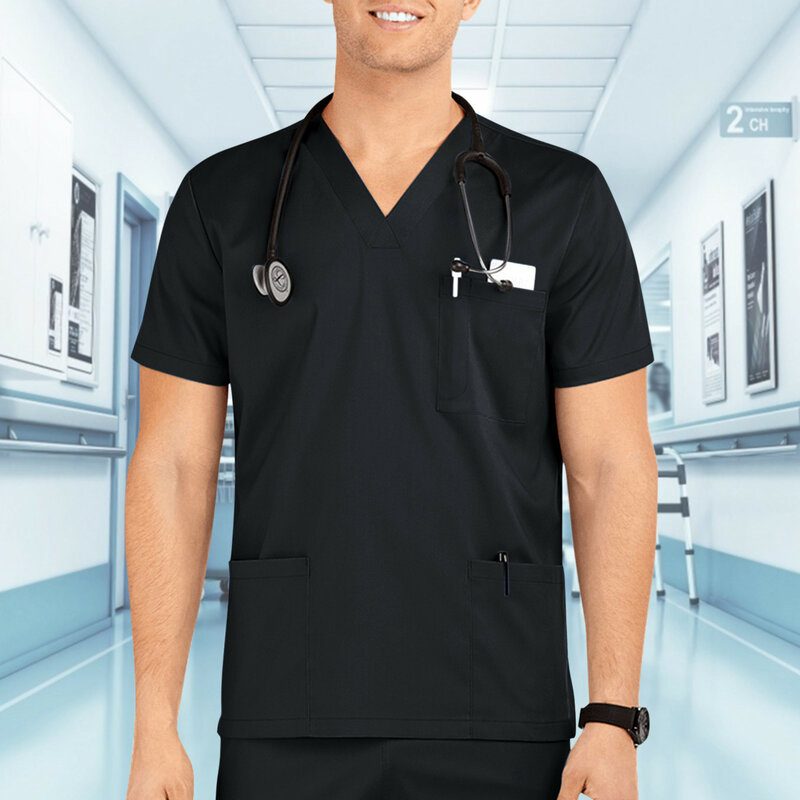 Uniforme d'infirmière à manches courtes et col en V pour hommes, chemises de poche pour travailleurs du personnel, chemisier de travail, vêtements de travail