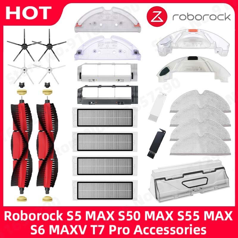 Roborock-掃除機用アクセサリーs5 max,s50 max,s55 max,s6,maxv,HEPAフィルター,サイド/メインブラシ,水タンクトレイ,モップ用ダストボックス