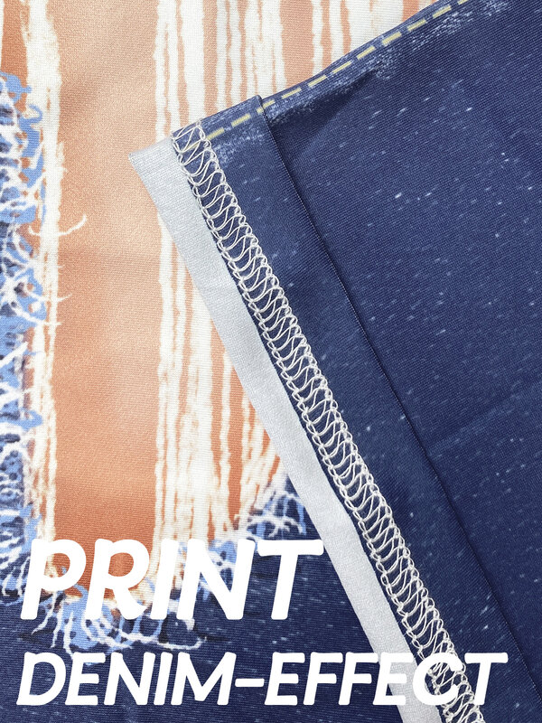 Plus Size Dames Capri Broek Faux Denim Print Met Distressed Detail Hoge Elasticiteit Comfortabele Mid-Calf Broek
