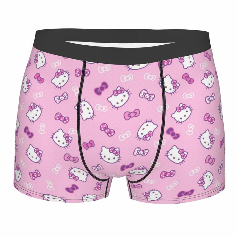 Celana dalam pria motif Hello Kitty, celana dalam lembut pria, celana dalam Boxer Sanrio bersirkulasi udara, pakaian dalam pola Hello Kitty