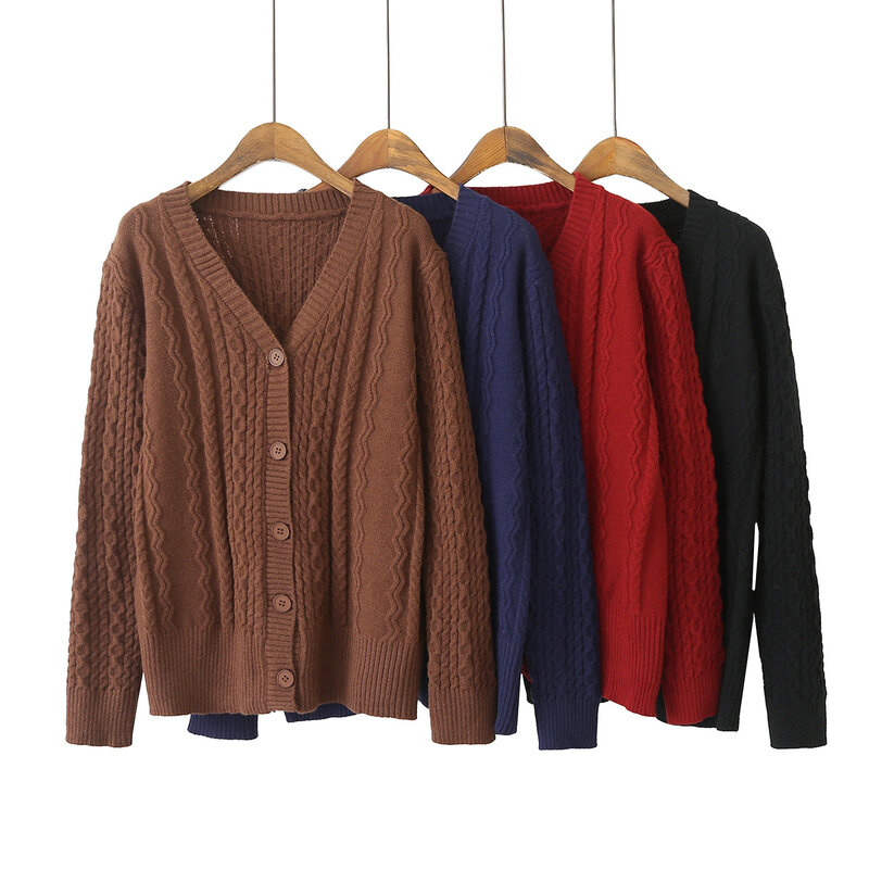 Cardigan solto com decote em v para mulheres, suéter casual com padrão torcido, roupas femininas curvas, plus size, outono, 2023