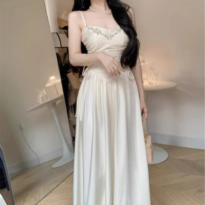 HOUZHOU vestidos de fiesta de noche elegantes para mujer, Bodycone largo vestido blanco sin mangas, vestido Midi coreano Vintage dulce elegante