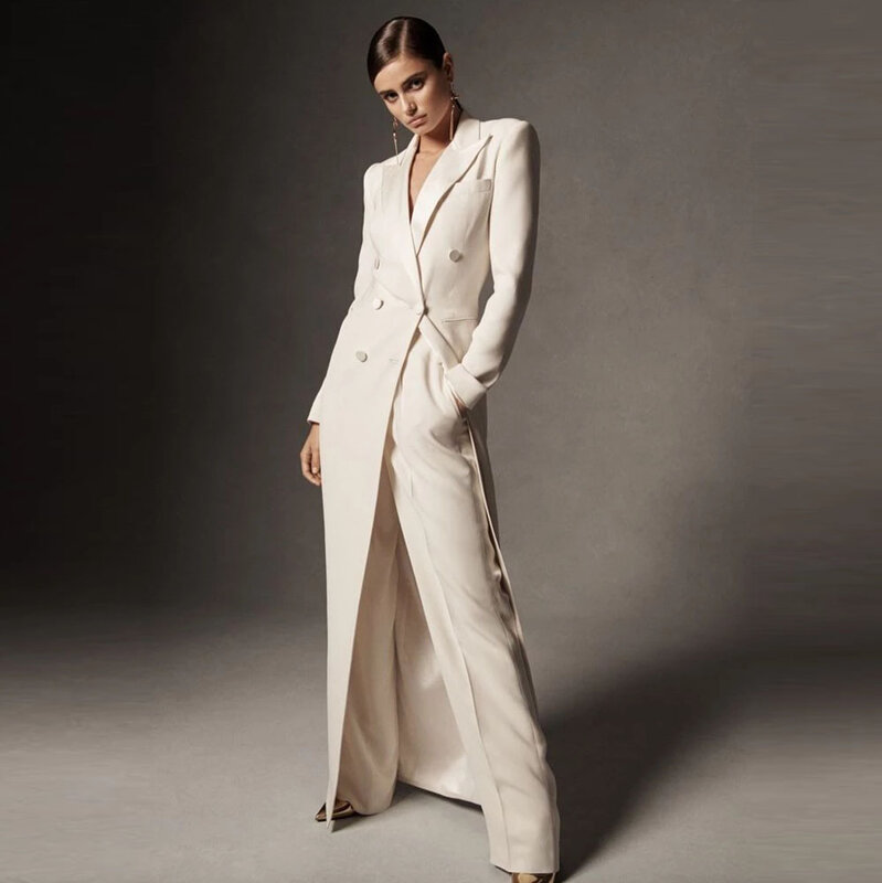 2023 Elegant Women's Suits 2 Pieces Double Breasted Long Coat Women Slim Fit Party Dress Blazer Pants
