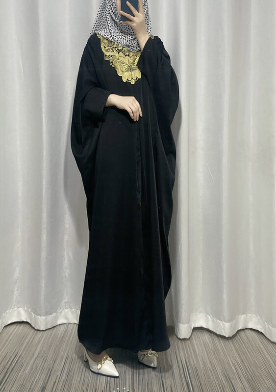 Bata holgada de manga de murciélago para mujer musulmana, jersey liso ajustado, vestido de fiesta, apliques elegantes, ropa Simple para mujer, Otoño, 2023