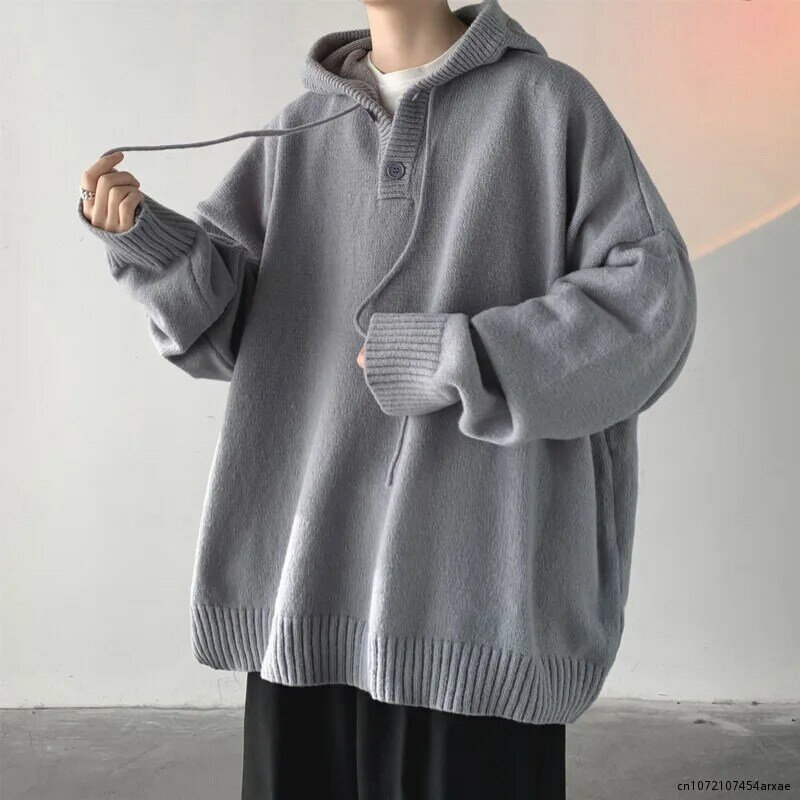 Sweater berkerudung pria, pakaian Jumper lengan panjang longgar hitam gaya Korea Pullover rajut kasual mode hangat musim dingin
