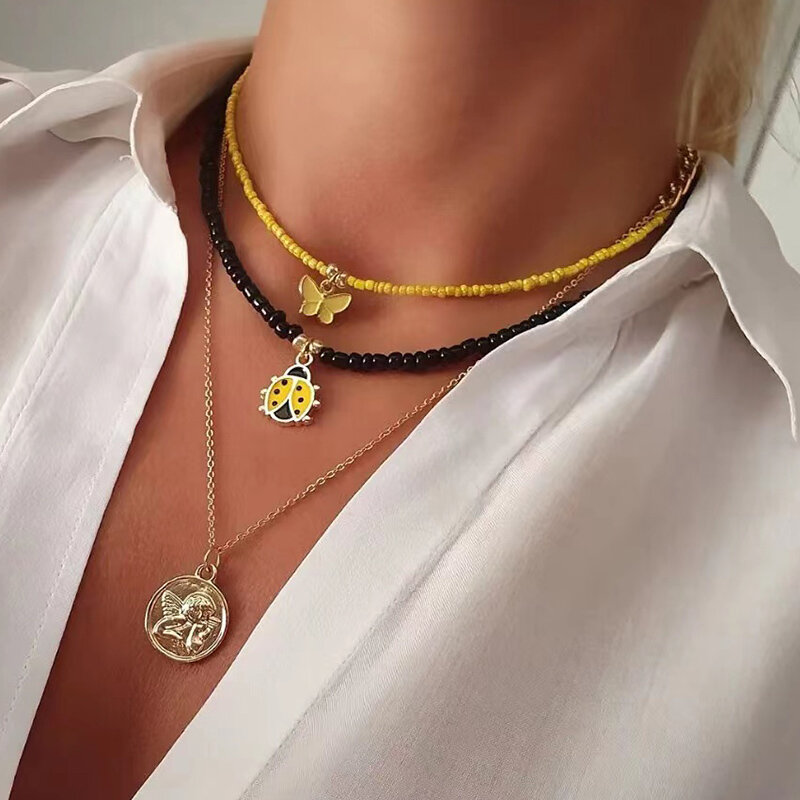 Bohemian kalung rantai manik-manik multilapis, perhiasan liontin salib hati minyak untuk Aksesori Wanita X0189