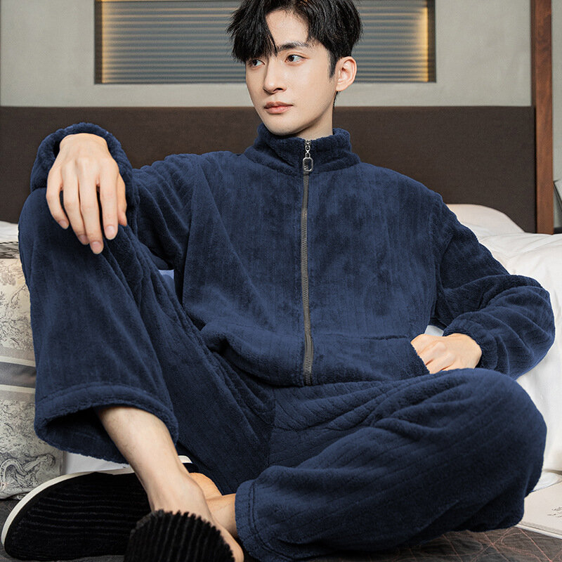 Men's Warm Pajama Sets Autumn Winter Thick 2 Piece Set Flannel Sleepwear Loose Long Sleeve Solid Homewear Home Clothes Sets